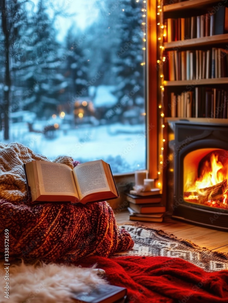 Poster a person is reading a book in front of a cozy fireplace