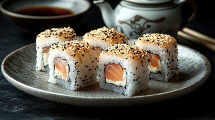 Sesame-crusted sushi rolls filled with salmon and cream cheese, served on a plate with soy sauce and chopsticks