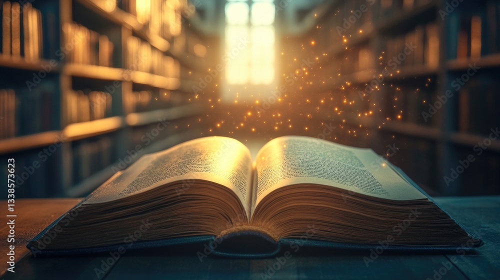 Poster a book lying on a wooden table with a warm and inviting atmosphere