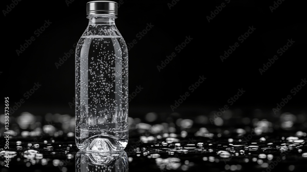 Poster A clear bottle filled with sparkling water sits on a reflective surface. Bubbles are visible, rising to the top, creating an appealing visual against a dark background.