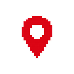 Bright red pixel art location pin symbol represents classic map marker in digital form.
