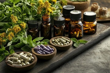 Close-up shot of various pills and herbs arranged on a cutting board for easy access
