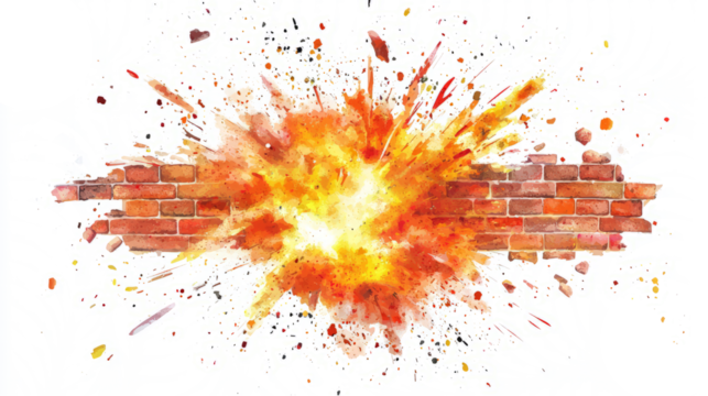 Realistic explosion effect on a brick wall, creating a large hole with debris scattered outward, clean white background