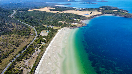 Sandy beach at low tide, seen from above