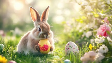 Cute Bunny with Colorful Egg in Flowering Garden during Springtime