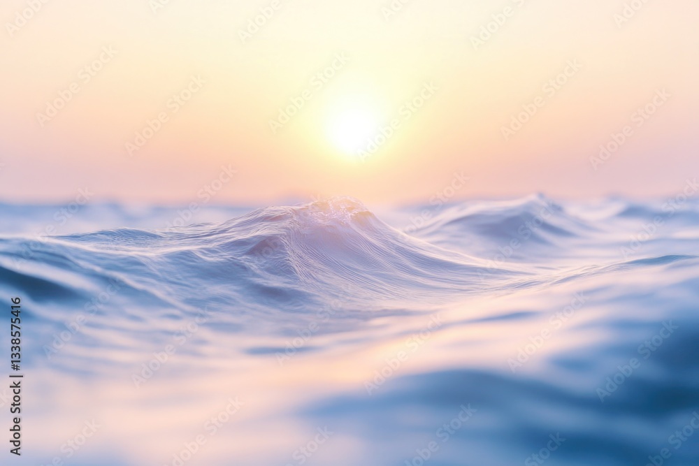 Poster a serene ocean scene with the sun setting behind the waves, suitable for use in travel or nature-the