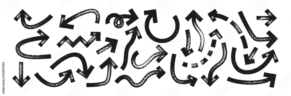 Poster set of dash and rouge arrows with brush or marker texture. elements of navigation or direction for d