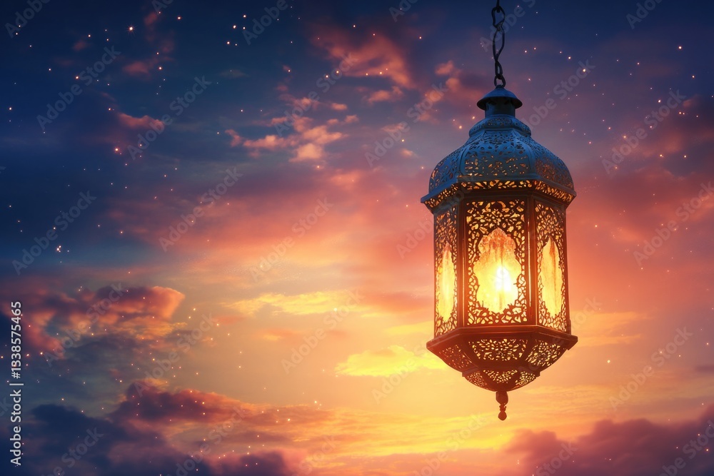 Aufkleber A lantern hangs from a chain in the sky, ideal for use in illustrations or designs that require a subtle lighting element