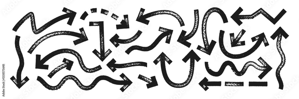 Poster set of sketch arrows and pointers with brush, crayon or marker texture. elements of navigation or di