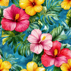 Fototapeta premium Summer Botanical Textile Seamless Pattern, Hibiscus flowers and tropical leaves on vibrant blue background
