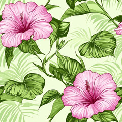 Summer Botanical Textile Seamless Pattern, Pink hibiscus flowers with green tropical leaves pattern