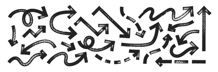 Set of doodle arrows with brush, crayon or marker texture. Elements of navigation or direction for design. Black vector illustration isolated on a white background. © Arina