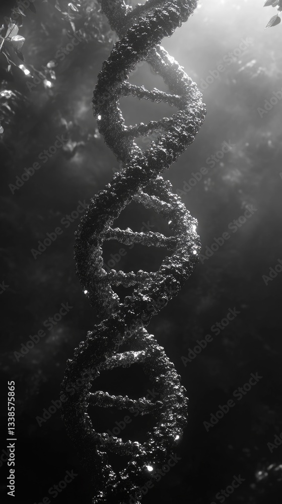 Poster close-up of a dna molecule's double helix structure in black and white