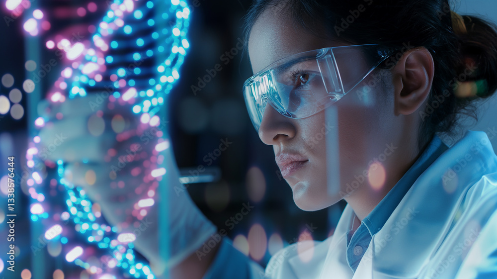 Poster this scientist examines dna structures while conducting genetic research on youth prolongation.