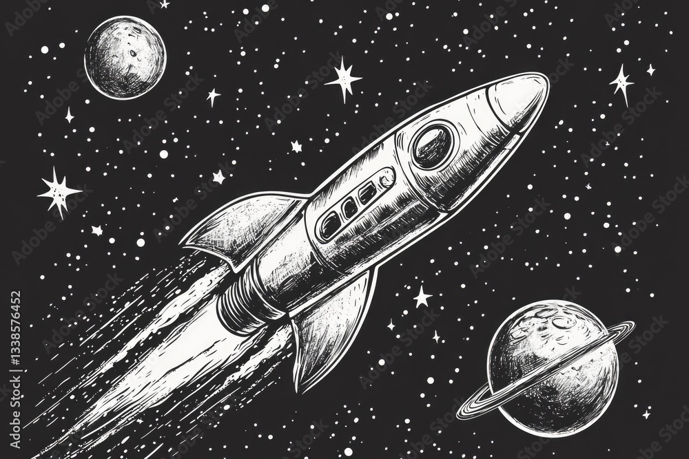 Aufkleber a black and white illustration of a rocket soaring through the cosmos, suitable for use in science a