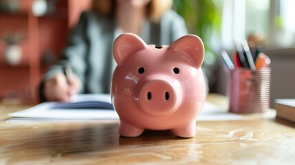 Couple discussing financial planning for the future with a piggy bank in focus during budget conversation