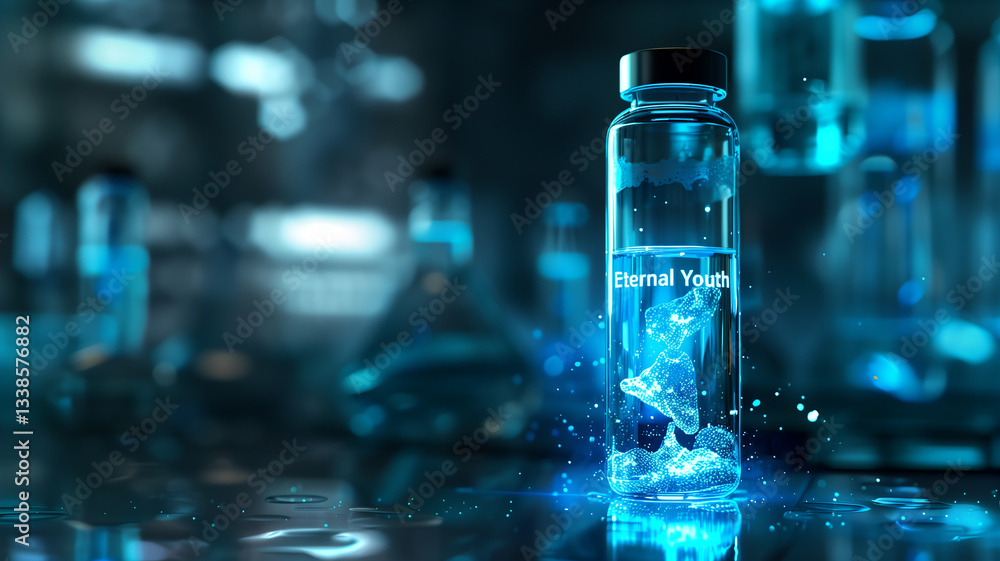 Poster this laboratory filled with glowing vials explores genetic modifications for youth extension.