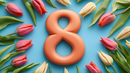 Fototapeta premium A stylized number eight surrounded by tulips on a blue background