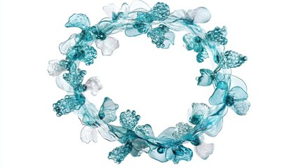 Ethereal wreath of flowing turquoise water droplets and crystalline formations against a pristine white background abstract art