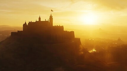 Naklejka premium Majestic Castle Silhouette Against Golden Sunset Sky Over Horizon
