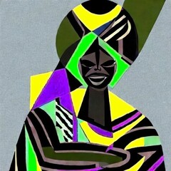 Illustration of a woman with abstract pattern on her face, painted in bright colors.