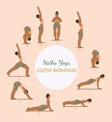 Hatha Yoga Surya Namaskar – Digital Illustration of a Woman Practicing Yoga in a Calm Natural Setting