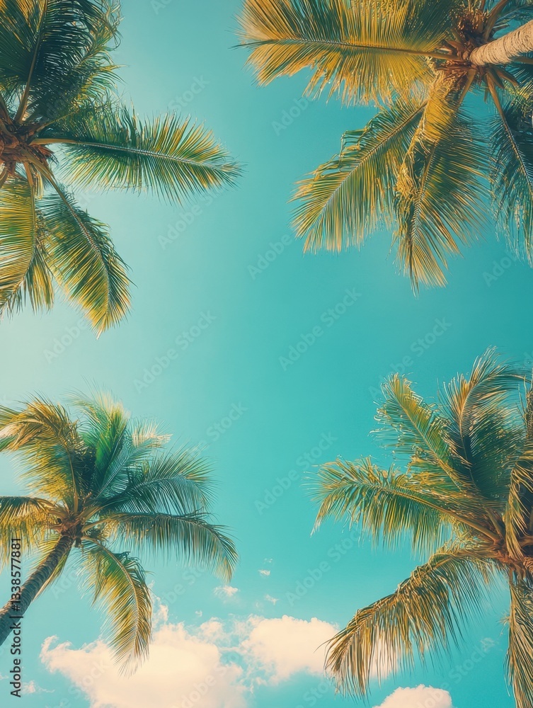 Poster tropical paradise view of palm trees against a clear blue sky with soft clouds creating a relaxing v