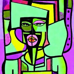 Colorful stained glass window with an abstract figure of a female face