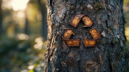 Fototapeta premium Rusty recycle symbol on tree trunk