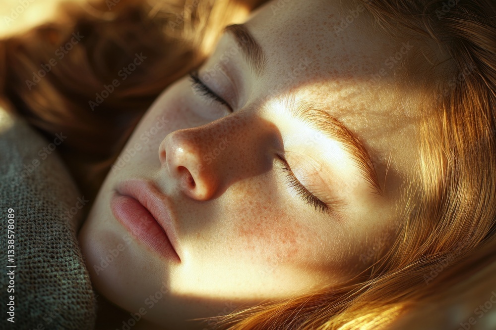 Poster a close-up shot of someone sleeping with their eyes closed, perfect for use in personal or editorial