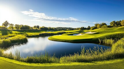 Serene Golf Course Landscape with Reflections on Water Surface