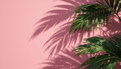  A shadow of green tropical leaves over a pink backdrop. minimal idea for summer