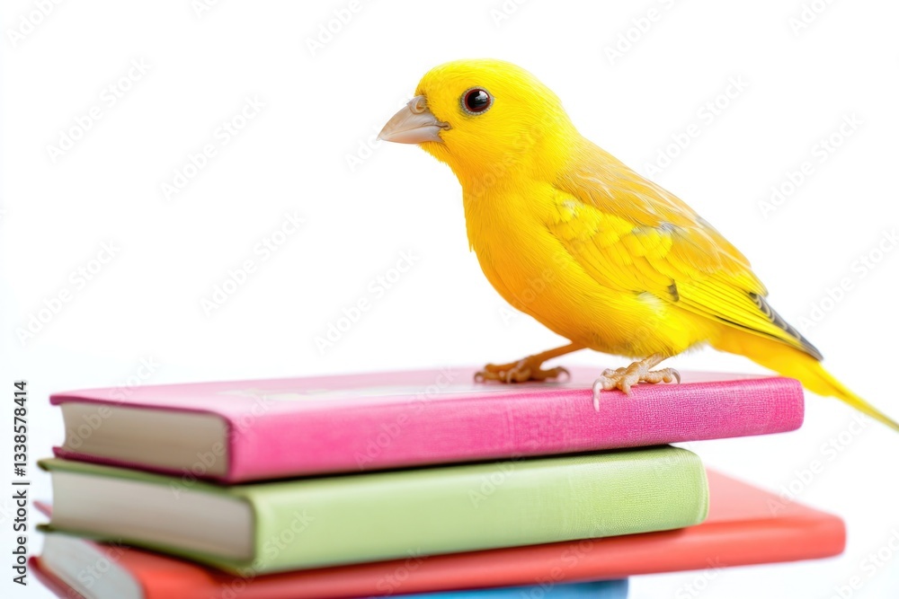 Poster A bright yellow bird perched on top of a stack of books, perhaps searching for inspiration or snacking on paper scraps