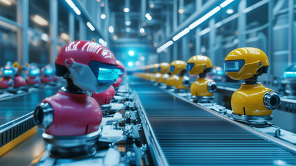 未来の工場でカラフルなヘルメットを着用したロボットたちが協力して作業する自動化社会