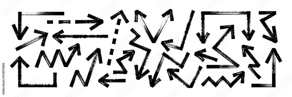 Poster set of thick and zigzag arrows and pointers with brush, crayon or marker texture. elements of naviga