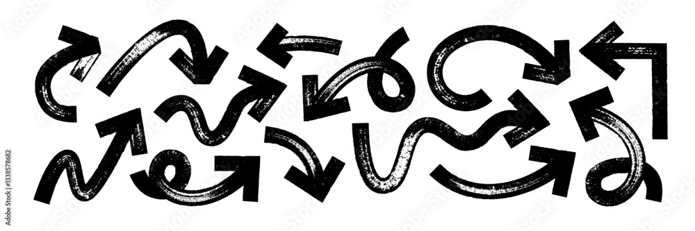 Poster set of thick and curve arrows and pointers with brush, crayon or marker texture. elements of navigat