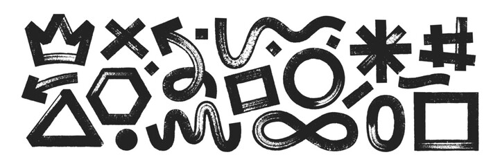 Set of geometric shapes with brush, crayon or marker texture. Crown, heart, infinity and rectangle with sketch lines. Black vector illustration isolated on a white background.
