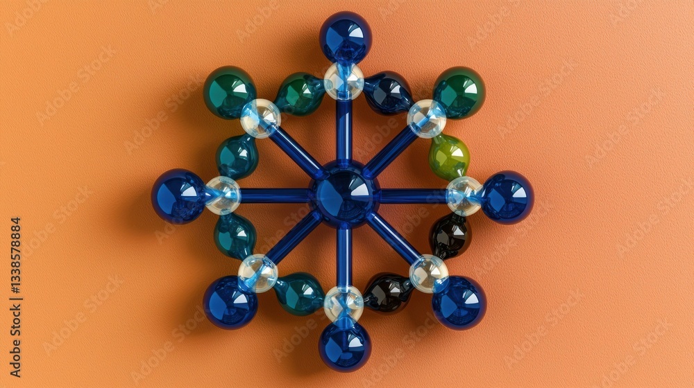 Aufkleber Abstract Molecular Structure Model Colorful 3D Render of a Complex Science Network on Orange Background