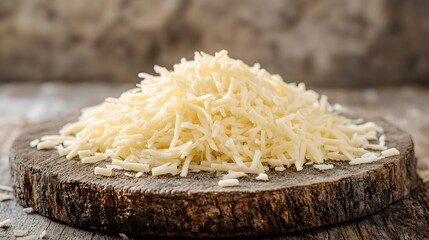 A pile of grated cheese sits on a wooden board
