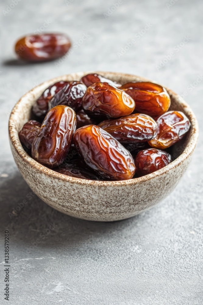 Poster Fresh dates arranged in a bowl on a wooden table, ready for consumption or use as a decorative centerpiece