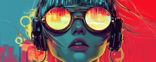 Futuristic woman with reflective sunglasses and headphones in vibrant pop art style.