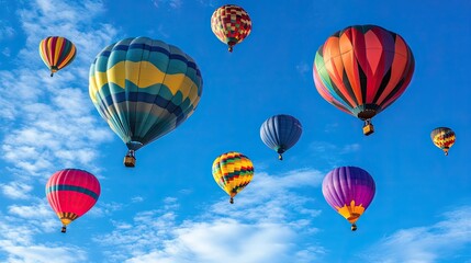 Obraz premium Colorful Hot Air Balloons Floating in a Bright Blue Sky