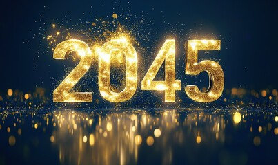 Year 2045 displayed in golden glittering letters on a shiny dark surface with bokeh lights in the background