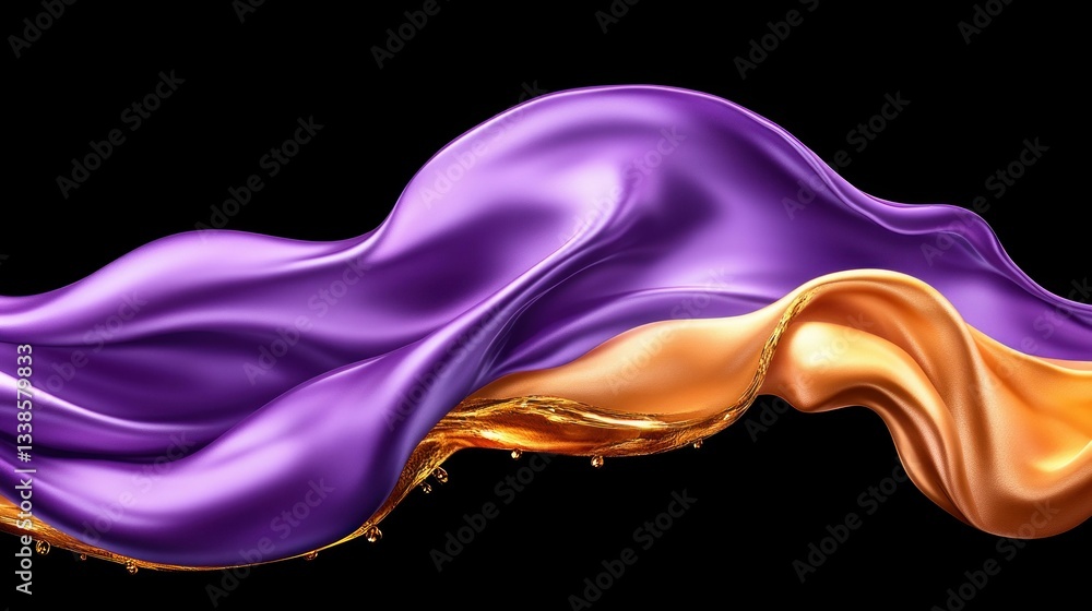 Poster abstract purple and gold liquid silk drape flowing dynamically on black background luxurious elegant