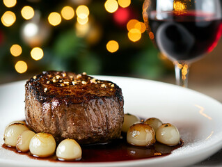 A plate of beautiful and juicy filet mignon with pearl onions, sauce on the side. A glass of red wine in the background.