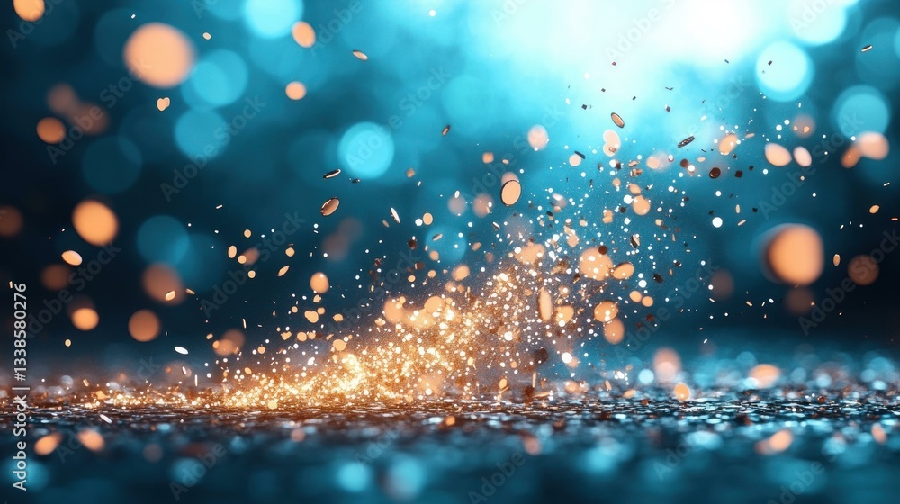 Poster sparkling glittering shimmering golden particles exploding on teal background festive celebration ab