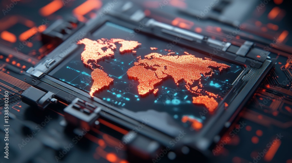 Poster Global Network Connection Futuristic Technology Displaying a World Map on a Digital Screen Circuit Board