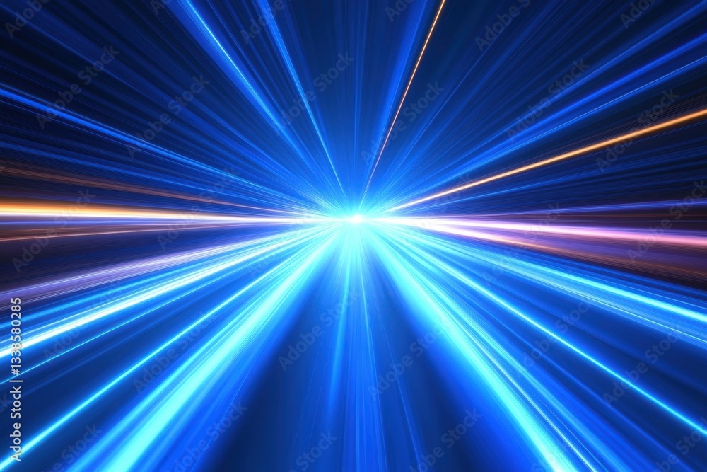 Poster dynamic blue light streaks converging in a central burst of energy and motion creating a futuristic 