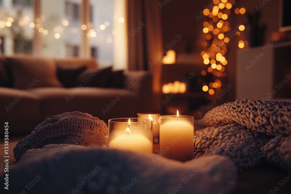 Poster A pair of candles placed on a table beside a cozy couch, ideal for setting the mood or creating ambiance
