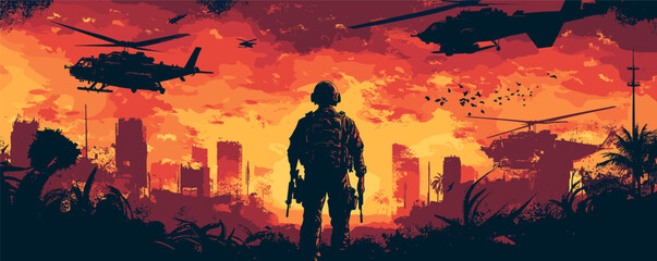 Soldier silhouette at sunset with helicopters in post-apocalyptic cityscape.